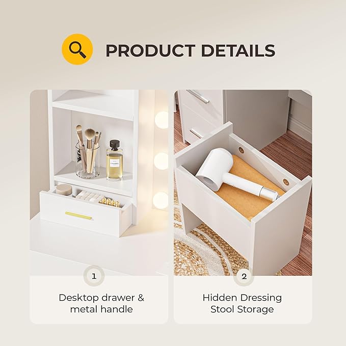 Vanity Desk with LED Lighted Mirror&Power Outlet, 3 Lighting Colors Makeup Vanity Desk with 5 Large Drawers and 3 Storage Shelves, White Vanity with Storage Stool for Bedroom