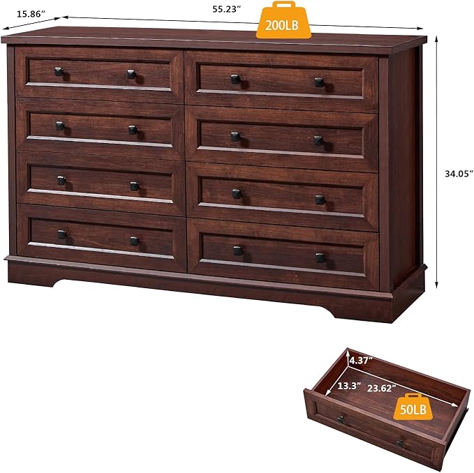 SOOWERY Dresser for Bedroom, Farmhouse Dresser with 8 Wooden Drawers and Storage Cabinet, 55 Inches Wide Chest of Drawers for Bedroom, Living Room, Hallway, Dark Cherry