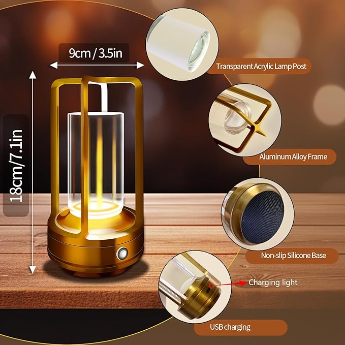 Portable Metal Table Lamp, 4000 mAh Rechargeable Outdoor Table Lamp Cordless, 3 Color Stepless Dimmable Atmosphere Table Lamps for Patio, Camping, Coffee table decor lamp for Indoor/Outdoor