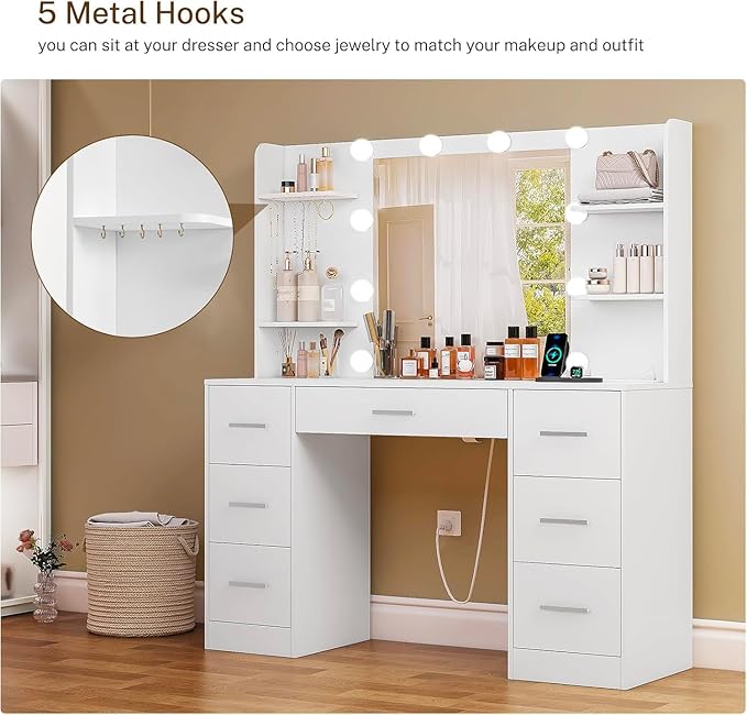Large Makeup Vanity, 42.1" Vanity Desk with Mirror and Lights, Makeup Vanity Table with 7 Drawers, 4 Shelves, 5 Jewel Hooks & Power Strip, Vanity Desk Set for Bedroom, White