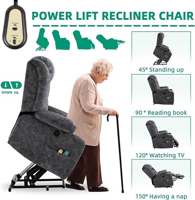 VIVIJASON Tall Man Large Power Lift Recliner Chair with Massage and Heat for Elderly, Overstuffed Wide Electric Lift Recliner w/Extended Footrest, 2 Cup Holder, Side Pockets & USB Ports, Fabric Grey