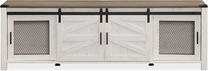 WAMPAT Farmhouse TV Stand for ups to 75 inch TV, Wooden Entertainment Center with Mesh Barn Doors, Media Console with Storage Shelf for Living Room Bedroom, Rustic Oak and White