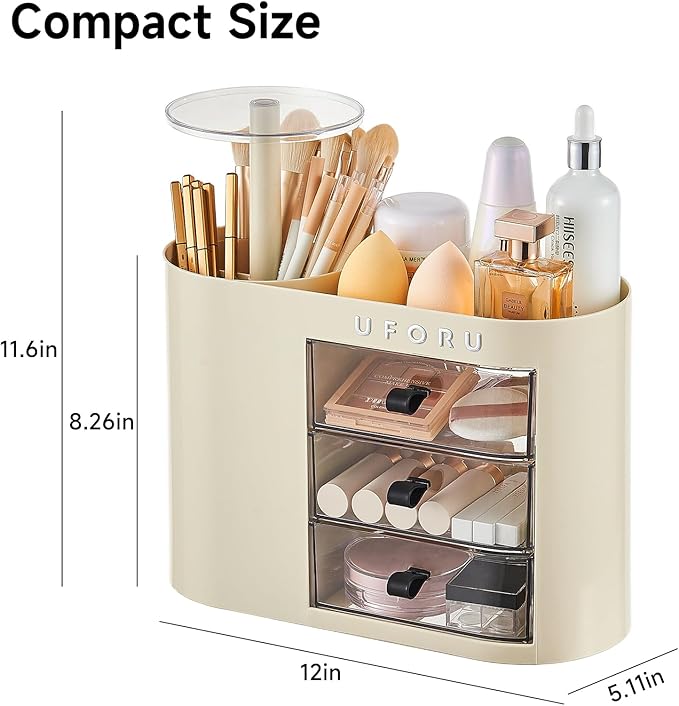 Makeup Organizer with Pop-Up Brush Holder for Dresser Vanity, Plastic Bathroom Counter Organizer with 3 Drawers & Dust-Proof Cover, Cosmetic Display Case for Lipstick, Skincare, Cream White