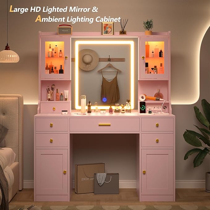Vanity Desk with LED Lighted Mirror, 41.3" Makeup Vanity Table with Power Outlet and Lots Storage, 6 Drawers and Storage Shelves for Bedroom, Dressing Table with RGB Cabinets, Pink