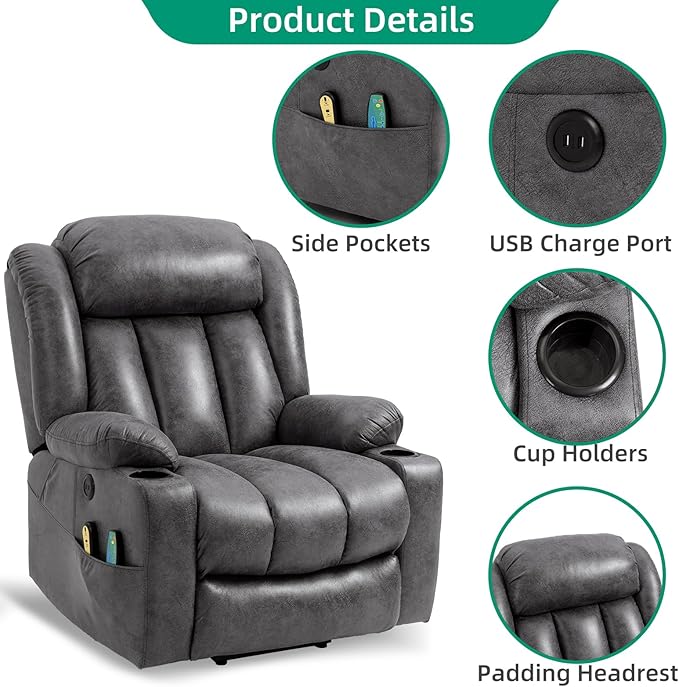 VIVIJASON Tall Man Large Power Lift Recliner Chair with Massage and Heat for Elderly, Overstuffed Wide Electric Lift Recliner with Extended Footrest, 2 Cup Holder, Side Pockets & USB Ports (Grey)