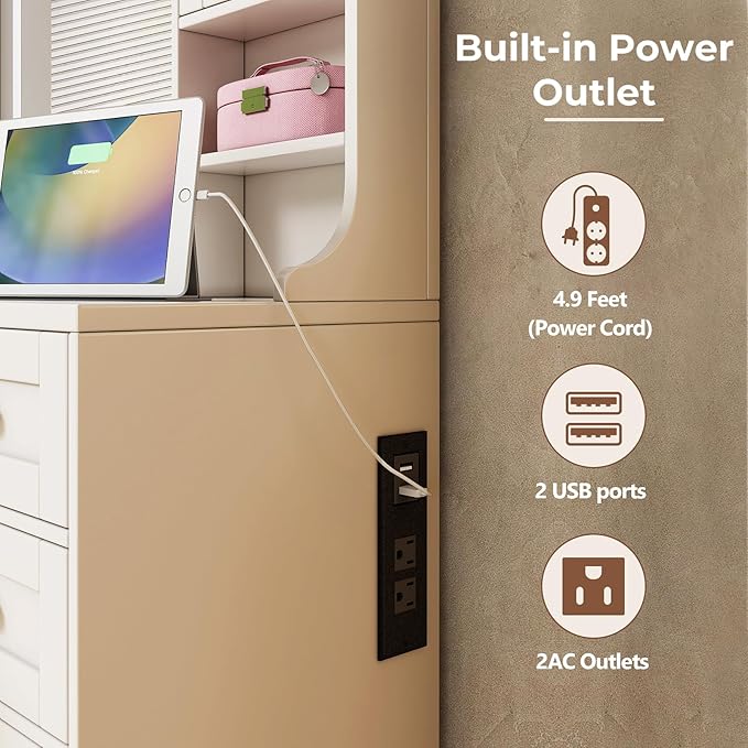 Saiveina 41.4" Makeup Vanity Desk with Mirror and Lights, Dressing Table with 4 Cabinets, 5 Drawers, Power Outlets and Cushioned Storage Stool, 3 Lighting Modes Vanity Table for Bedroom(White)