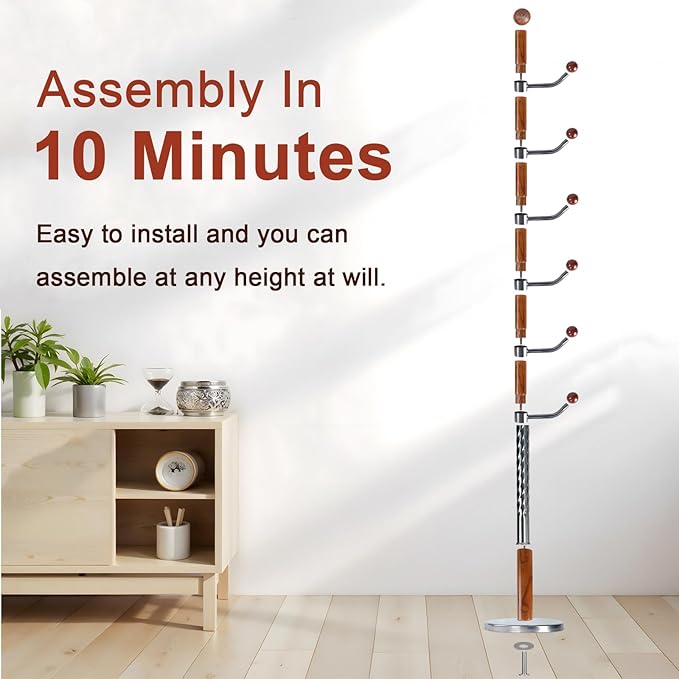 Coat Racks Freestanding, Natural Wood Coat Stands with 6 Hooks, 68" Heavy Duty Adjustable Height Vintage Hall Tree for Entryway, Bedroom, Office, Easy Assembly (Solid Wood Metal Hook)