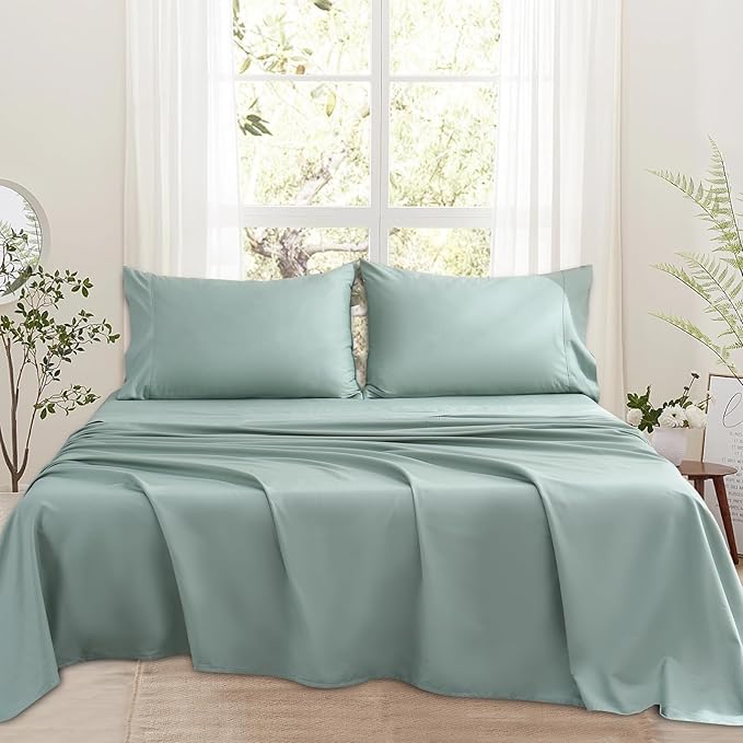 Bedlifes 1000 Thread Count 100% Egyptian Cotton King Size Sheets Set - Sateen Soft Silky Breathable Luxury Cooling 4 Pieces (Sage Green)