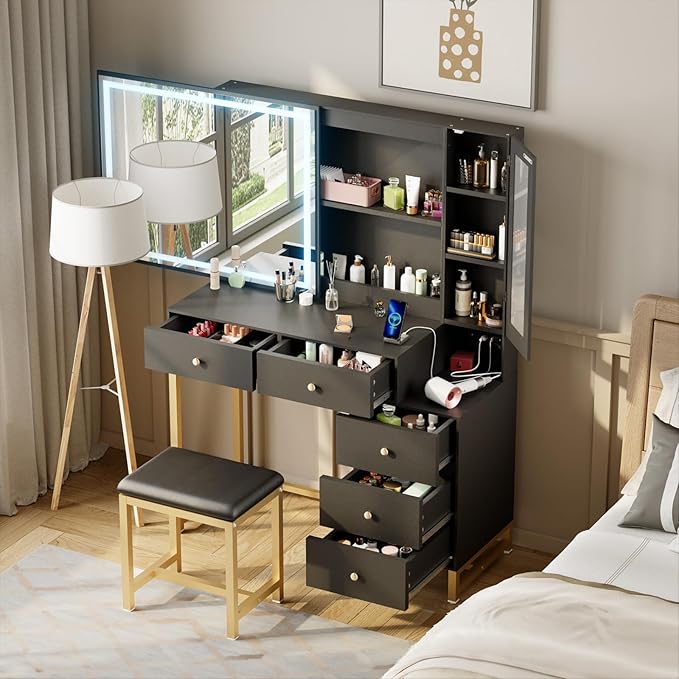 Black Vanity Desk with Mirror and Lights, Makeup Table with Socket Dressing Table Set with Stool, 5 Drawers, Storage Cabinet and Hidden Storage Compartment for Bedroom Dressing Room