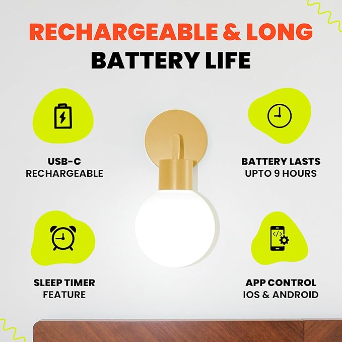 Wireless Wall Sconce (Shark Tank) Rechargeable & Dimmable LED Light w/App Control & Damage-Free Install, Moveable Modern Ambient Lighting for Elegant Home & Bedroom Decor | Marigold