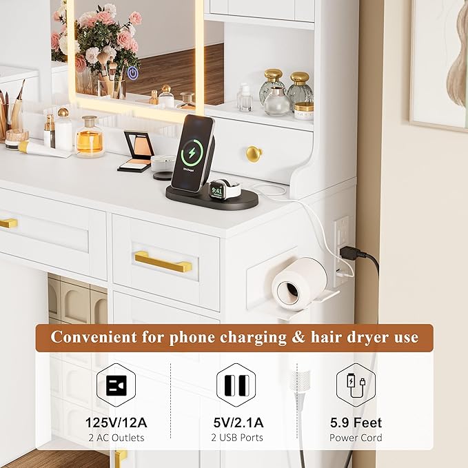 KAMABOKO Vanity Desk with Mirror & LED Lights & Power Outlet, Large Makeup Vanity Table with 6 Drawers and 4 Storage Cabinets, Dressing Table for Bedroom (White)