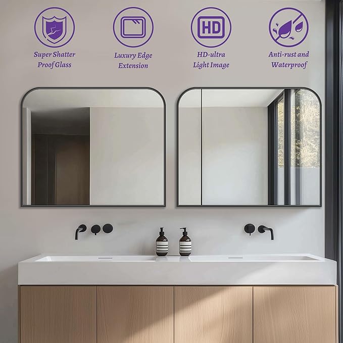 Bathroom Mirror, Wall Mirrors, Black Metal Framed Wall-Mounted Mirrors, Bathroom Vanity Mirror for Over Sink, Living Room, Bedroom, Entryway, 40x30 Inch, Black