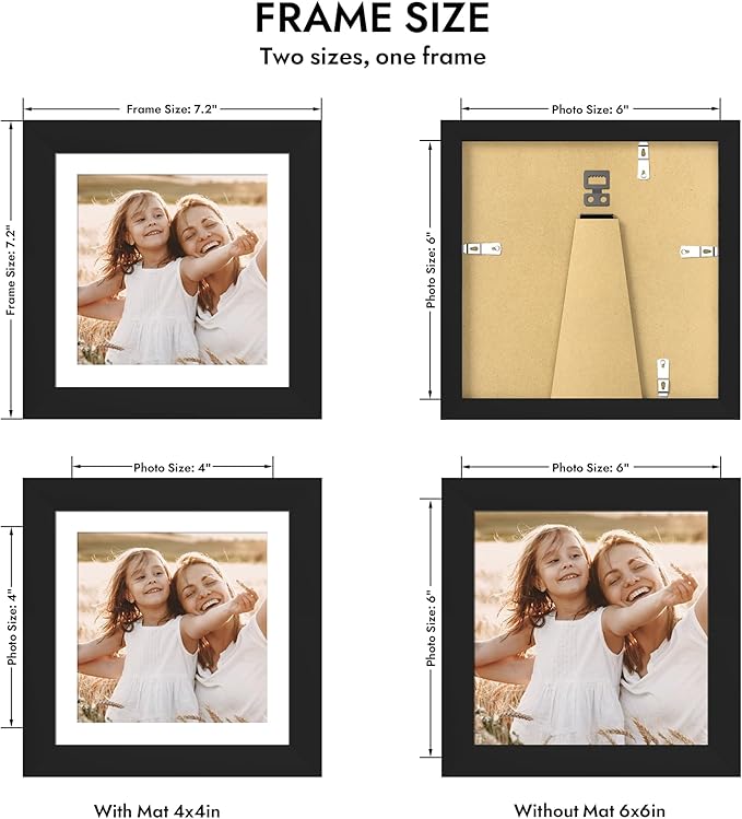 6x6 Picture Frame with Glass, Display Pictures 4x4 with Mat or 6 x 6 without Mat - Wall and Tabletop, 6 by 6 Photo Wooden Frames (Black, 1 Pack)