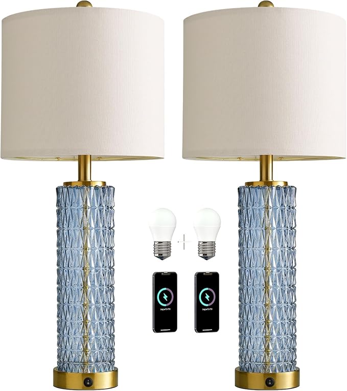 Oneach 27.75” Table Lamps Set of 2, Blue Modern Bedside Lamp with LED Night Light, USB A+C, Glass Lamps for Living Room, Bedroom, Nightstand, Office, End Table (2 Bulbs Included)