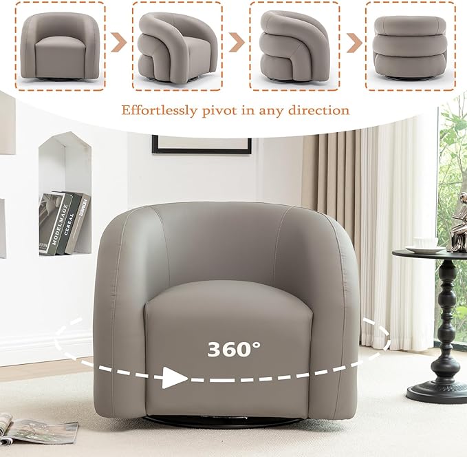 34.6" W Swivel Accent Chair, Modern Round Faux Leather Armchair for Living Room,Upholstered Comfy Sofa Chairs for Bedroom Reading Apartment Lounge,Fully Assembled(Grey)