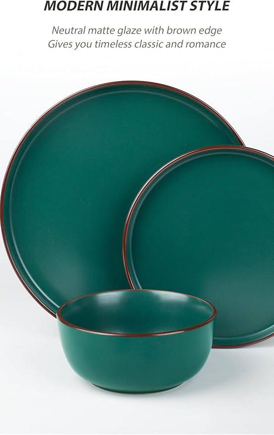 Famiware Mercury 24 Pieces Dinnerware Sets, Plates and Bowls Sets for 8, Microwave and Dishwasher Safe Dish Set, Dark Green