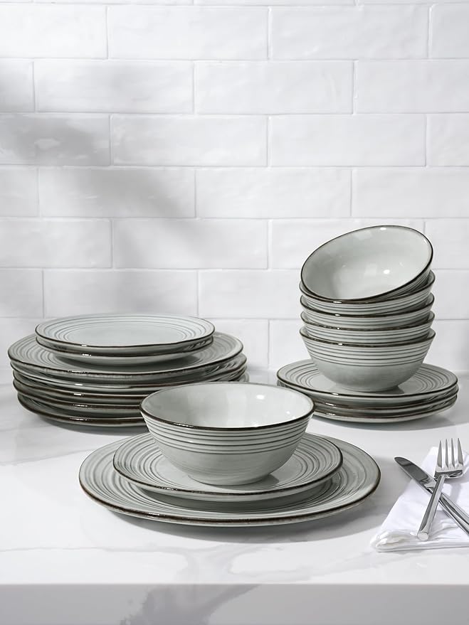 Famiware Plates and Bowls Sets 12-Piece Stoneware Dinnerware Sets, Dishes Set for 4, Hand-made Reactive Glaze Dish Set, Twilight Series, Ashy Blue