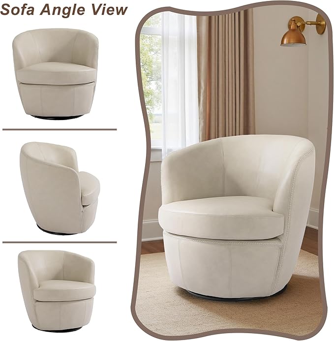 Swivel Barrel Chair, Modern Round PU Leather Accent Armchair for Living Room, Bedroom, Comfy Club Reading Chairs for Adults (Leather Beige, Set of 2)