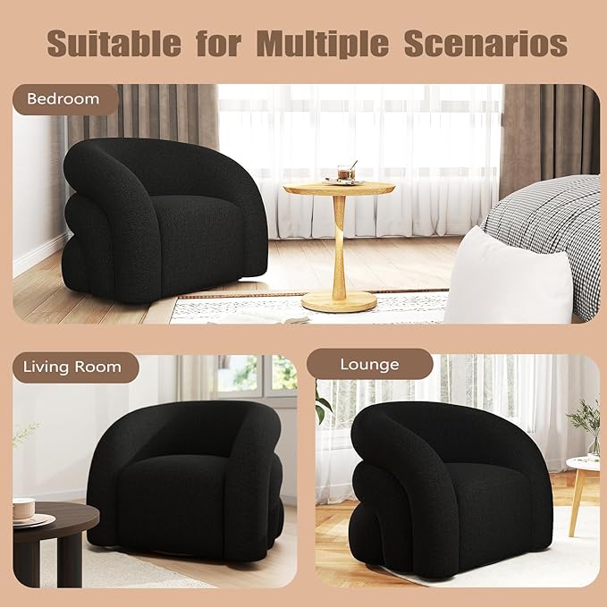 34.6" W Mordern Swivel Accent Chair,Sherpa Round Upholstered Boucle 360° Swivel Armchair for Living Room,Comfy No Assembly Sofa Chair for Bedroom Reading Apartment Lounge(Black)