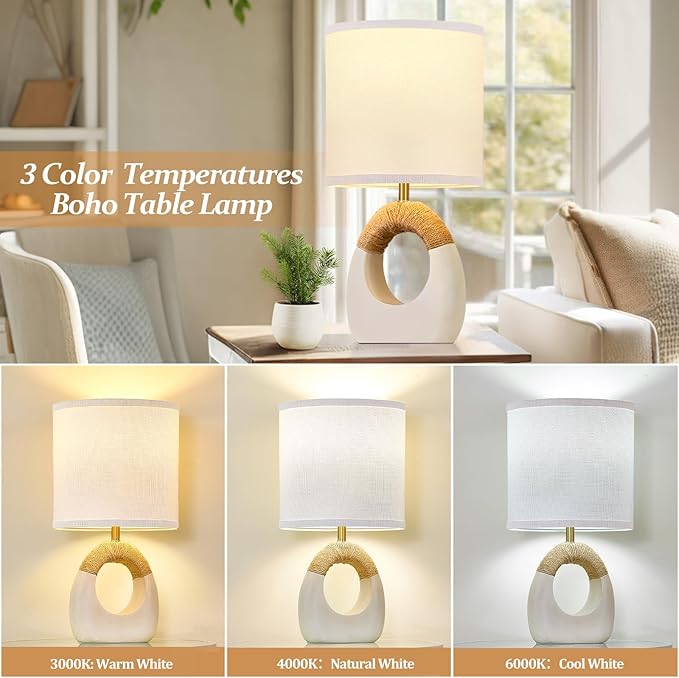 Table Lamp for Bedroom Set of 2 - Bedside Table Lamps with 3 Color Temperatures - Boho Rattan Lamps for NightStands Small White Farmhouse Living Room Lamps for Reading Sleeping Bulbs Included
