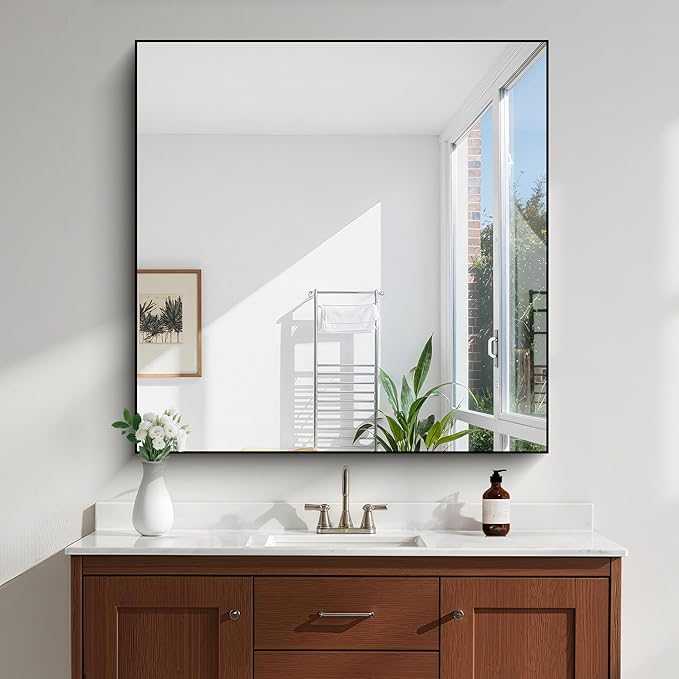 KOCUUY Black Square Mirror, 42"x42" Bathroom Mirrors for Over Sink, Large Black Wall Mounted Mirror, Metal Framed Mirror for Wall, Vanity Mirror for Bathroom Living Room Bedroom Dining Room