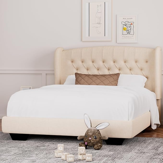 Rosevera Upholstered Queen Bed Frame with Adjustable Tufted Headboard,Classic Solid Wood Bed Frame with Wingback Headboard for Bedroom,Beige (Beige, King (U.S. Standard))