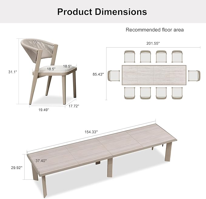 PURPLE LEAF 13-Piece Patio Dining Set Outdoor Furniture Rectangular Table and Chairs Set with Aluminum Frame and Wicker Rattan for Garden Deck Backyard Kitchen Champagne Outdoor Set