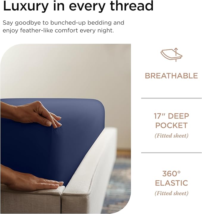 Threadmill Supima Cotton Queen Sheets - 1000 Thread Count, 4 Piece Luxury Bed Sheets, Sateen Weave Hotel Quality with Elasticized Deep Pocket, Folkstone Blue