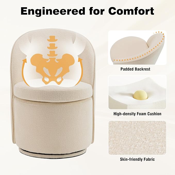 YOUNIKE Vanity Bench Boucle Fabric White Solid Wood Swivel Accent Chair with Backrest Easy Assembly Dressing Stool for Bedroom & Makeup Room