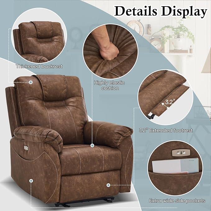 Power Recliner Chair, Wall Hugger Recliner with Massage and Heat, PU Leather Recliner Chair with 2 Side Pockets & USB Ports for Living Room