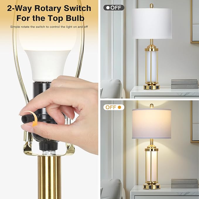 Modern Table Lamps, Gold 27" Industrial Table Lamp Set of 2 with USB A+C Charging Ports & AC Outlet, Farmhouse Rustic Beside Lamp for Living Room Bedroom Office End Table(4 LED Bulbs Included)