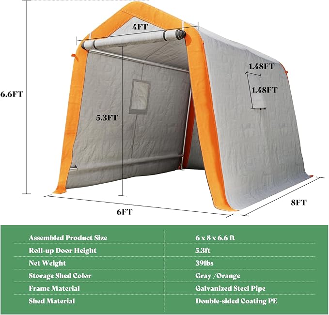 AMERLIFE 6x8x6.6 FT Heavy Duty Portable Shed Storage Shelter, Outdoor Storage Shed with 2 Waterproof Windows & Roll-Up Zipper Door, Carport for Motorcycle, Bike, Gray