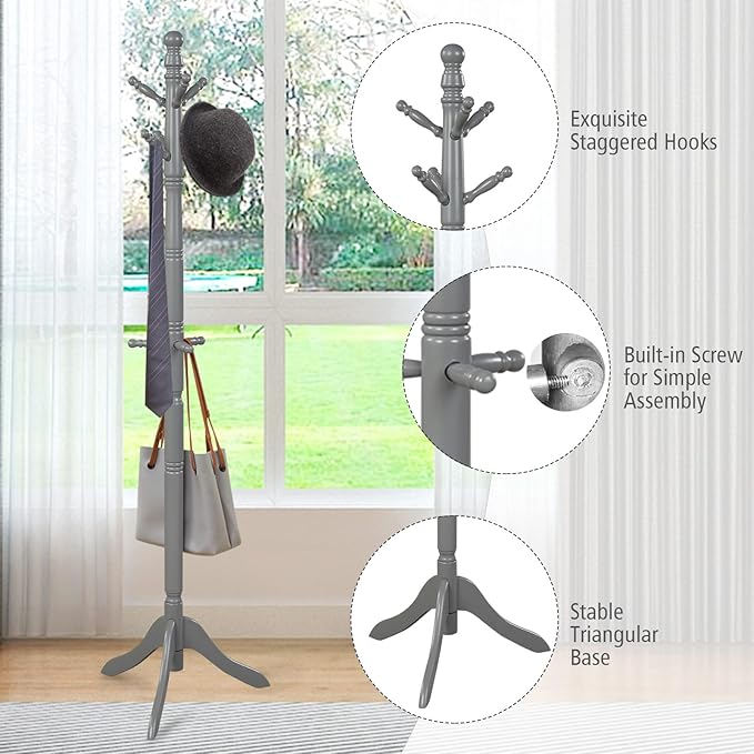 Tangkula Wood Coat Rack Freestanding, Entryway Height Adjustable Coat Stand with 9 Hooks & Stable Tri-Legged Base, Rubber Wood Coat Tree Hall Tree Coat Hanger for Home Office Hall Entryway (Grey)