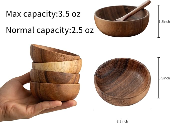 muso wood Wooden Dipping Bowls, 4 Pack Sauce Bowls, 2.5 oz Sauce Dish, Acacia Wood Sauce Bowls for Ketchup, Barbecue Sauce, Dressings, Appetizers