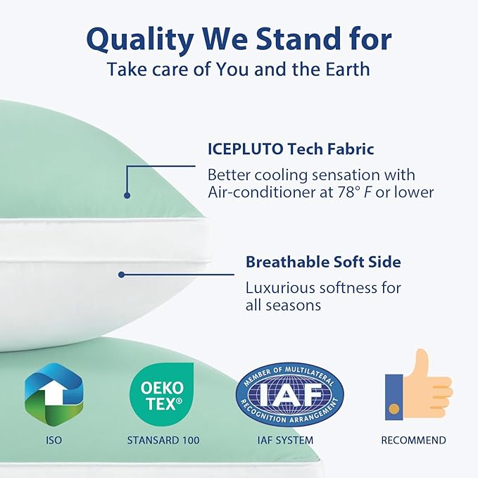 Queen Size Pillows Set of 1, Luxury Soft Hotel Down Alternative Single Pack Bed Pillows, Gusseted Supportive for Side Back Stomach Sleepers, Washable, Cooling Green, 20 x 30, 1 Pack