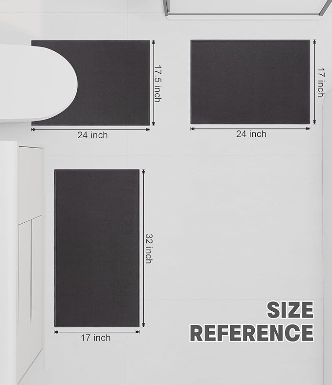 YIHOUSE Bathroom Rug Sets 3 Piece, Ultra Thin Bath Mat Fit Under Door, Quick Dry Absorbent Bath Mat for Bathroom Non Slip Machine Washable Floor Mat (Dark Grey, 3 Piece)