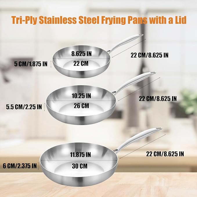 Inqibee 8.5-10-12 Inch Tri-Ply Stainless Steel Frying Pan Set with a Lid,Skillets,Induction Cooking Pans,Pots and Pans Set,Dishwasher and Oven Safe,Detachable Handle.