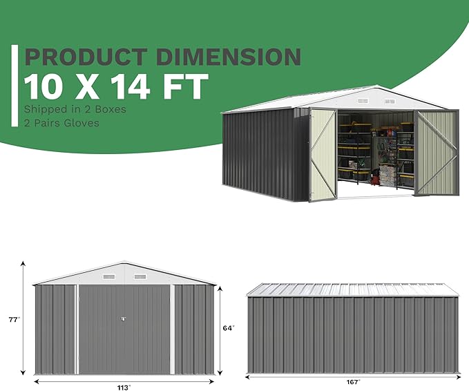Patiowell 10x14 FT Outdoor Storage Shed, Large Metal Garden Shed with Lockable Door and Sloping Roof, Outside Steel Utility Tool Sheds for Backyard Lawn Garden Patio, Grey