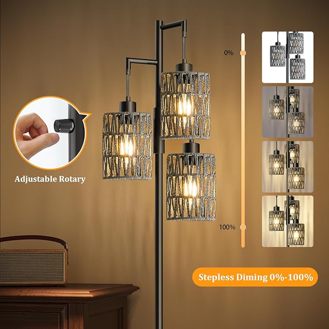 Oneach 70" Floor Lamps for Living Room, Stepless Dimmable Boho Floor Lamp with 3 Bulbs, Tall Farmhouse Industrial Corner Standing Tree Lamp for Bedroom, Office, Study Room, Black with Grey Shades