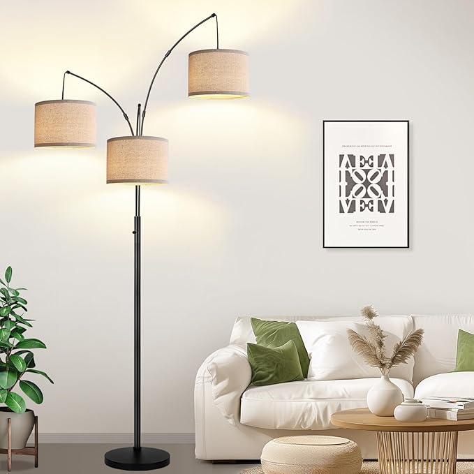 Dimmable Floor Lamp, 3 Lights Black Arc Floor Lamps for Living Room, Modern Tall Standing Tree Lamp with Linen Shade & Heavy Base, Large Floor Lamp for Bedroom Office, 3x1000 LM LED Bulbs Included