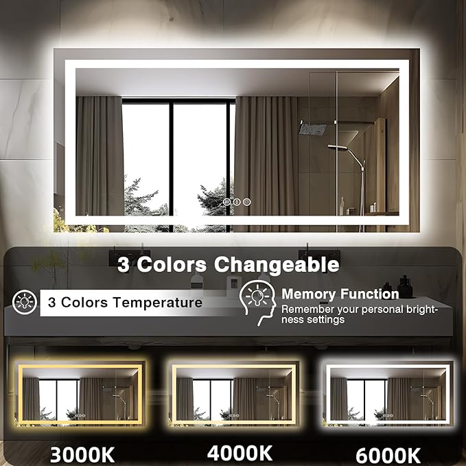 60"x28" LED Bathroom Mirror for Wall, Front and Backlit, Anti-Fog Vanity With Lights, Stepless Dimmable, 3 Colors Smart (Horizontal/Vertical)