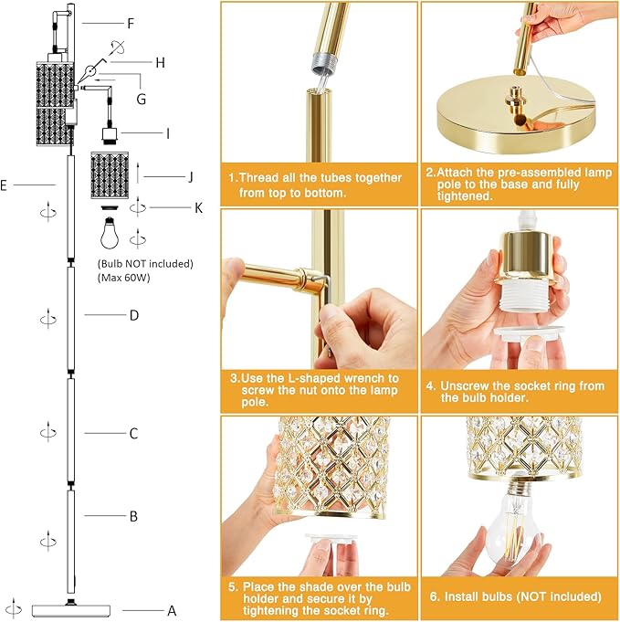 GyroVu Morden Gold Crystal Floor Lamps for Living Room, 3-Light Standing Tall Lamp with Elegant K9 Crystal Shade & Rotary Switch, Modern Corner Floor Lamp for, Bedroom, Home Office, Reading