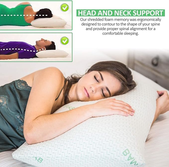 King Size Rayon Derived from Bamboo Pillow, Shredded Memory Foam Bed Pillows Sets for Side, Back and Stomach Sleepers, Washable Cover, Cooling and Adjustable, King (Pack of 1)