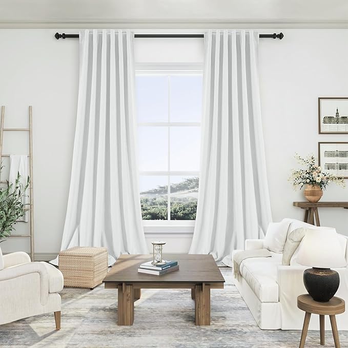 120 Inchs Long Full Blackout Curtains 2 Panels Set for Living Room Darkening Back Tab Thermal Insulated 100% Black Out Linen Drapes for Winter Nursery Bedroom White