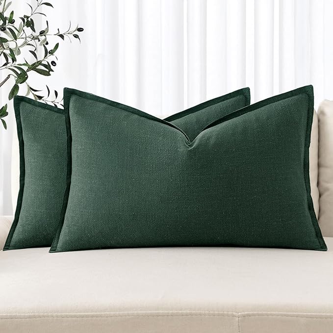 MIULEE Decorative Linen Lumbar Pillow Covers 12x20 Inch Dark Green Boho Farmhouse Neutral Couch Throw Pillows for Bed Pack of 2 Accent Modern Pillowcase Sofa Livingroom Home Decor