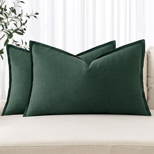 MIULEE Decorative Linen Lumbar Pillow Covers 12x20 Inch Dark Green Boho Farmhouse Neutral Couch Throw Pillows for Bed Pack of 2 Accent Modern Pillowcase Sofa Livingroom Home Decor