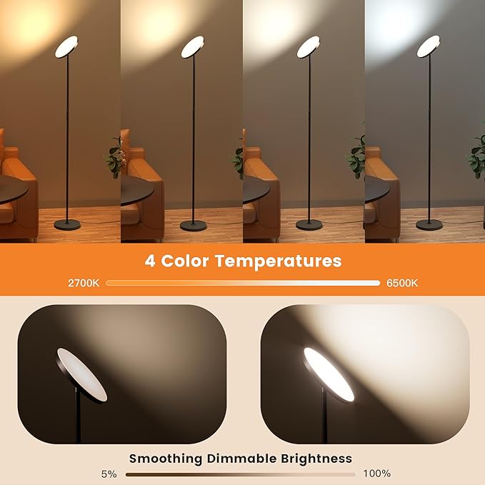 Bright Floor Lamp, 36W 3500LM Standing LED Lamp with Remote, Dimmable Torchiere Tall Lights 2700K Warm White to 6500K Cool White, Night Mode/Memory Function, for Living Room, Bedroom, Office (Black)