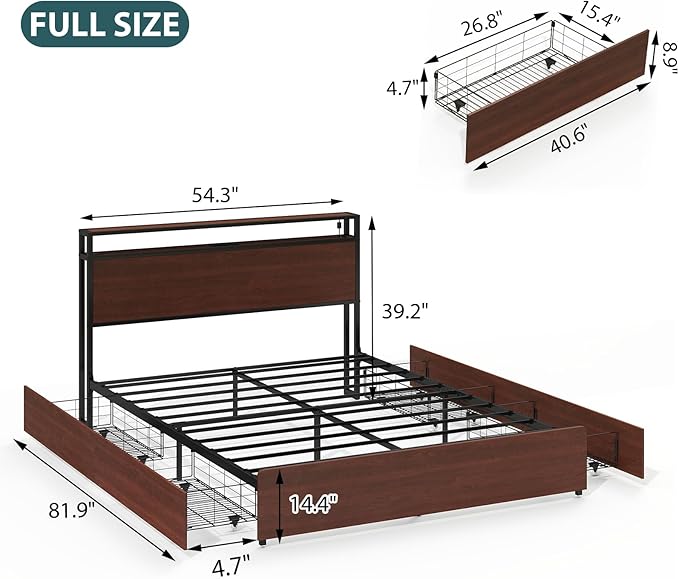 Full Size Bed Frame with 4 Storage Drawers, Full Platform Bed Frames with 2 Tier Storage Headboard, Charging Station, Adjustable LED Light, Noise-Free, No Box Spring Required, Reddish Brown