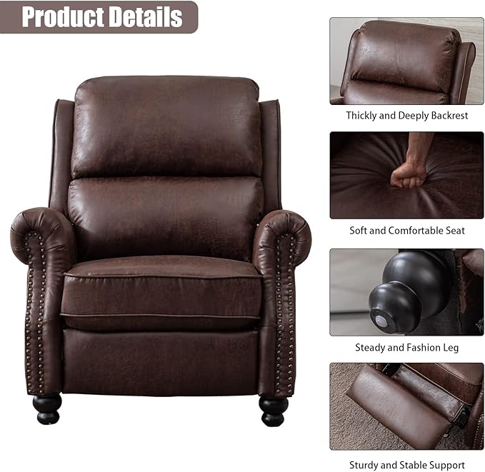CANMOV Pushback Recliner Chair Set of 2，Leather Armchair Push Back Recliner with Rivet Decoration Single Sofa Accent Chair for Living Room, Reddish Brown
