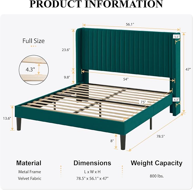 SHA CERLIN Full Size Velvet Bed Frame with Vertical Channel Tufted Wingback Headboard, Upholstered Platform Bed with Wood Slats, No Box Spring Needed, Easy Assembly, Teal